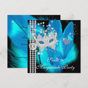 Invitation Masque à plumes sarcelle et noir pour Sweet 16 Mas