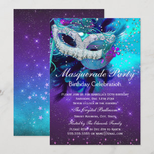 Invitation Masque à plumes violet sarcelle Mascarade Annivers