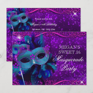 Invitation Masque à plumes violet sarcelle Mascarade Sweet 16