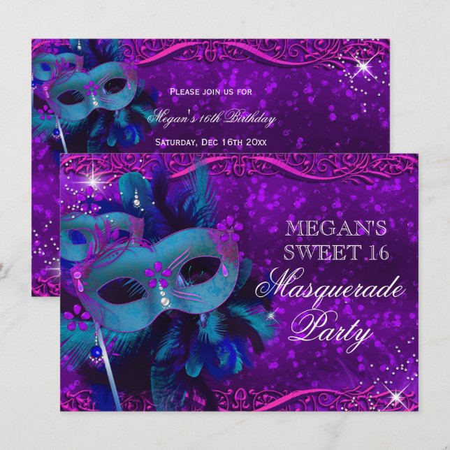 Invitation Masque à plumes violet sarcelle Mascarade Sweet 16 (Devant / Derrière)