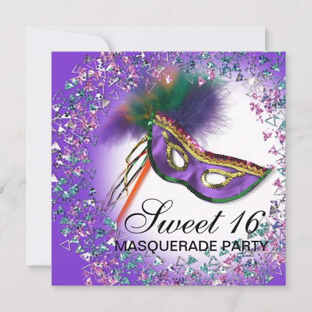 Invitation Masque à plumes Violet Sweet 16 Bal masqué (Devant)