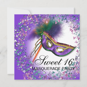 Invitation Masque à plumes Violet Sweet 16 Bal masqué