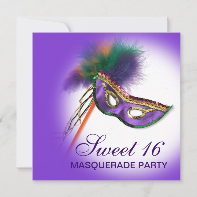 Invitation Masque à plumes Violet Sweet 16 Bal masqué (Devant)