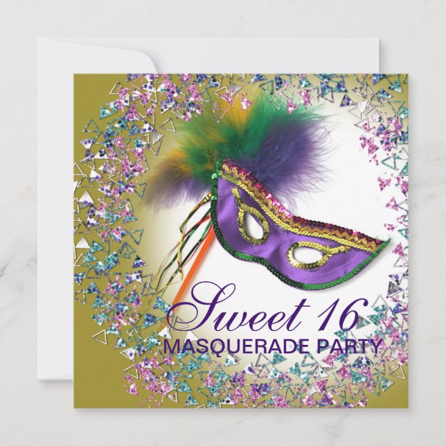 Invitation Masque à plumes Violet Sweet 16 Bal masqué (Devant)