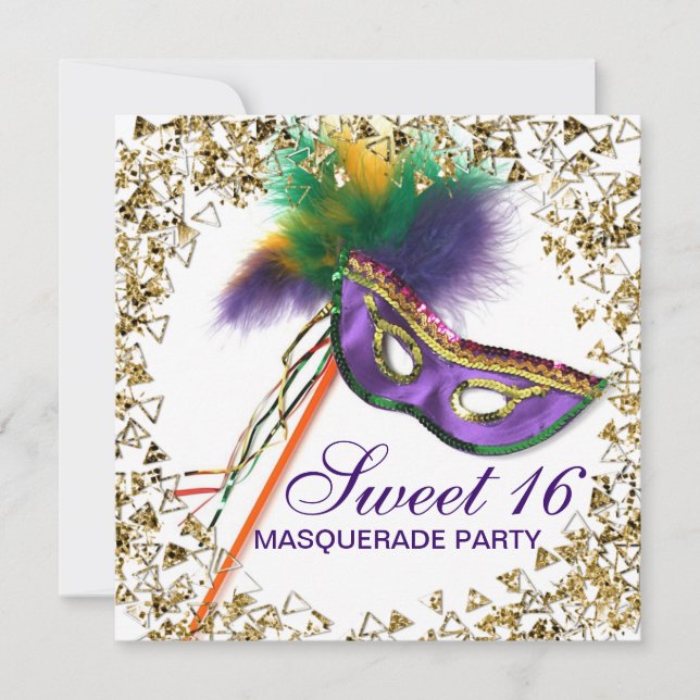 Invitation Masque à plumes violettes Sweet 16 Soirée masquée (Devant)
