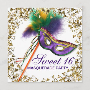 Invitation Masque à plumes violettes Sweet 16 Soirée masquée