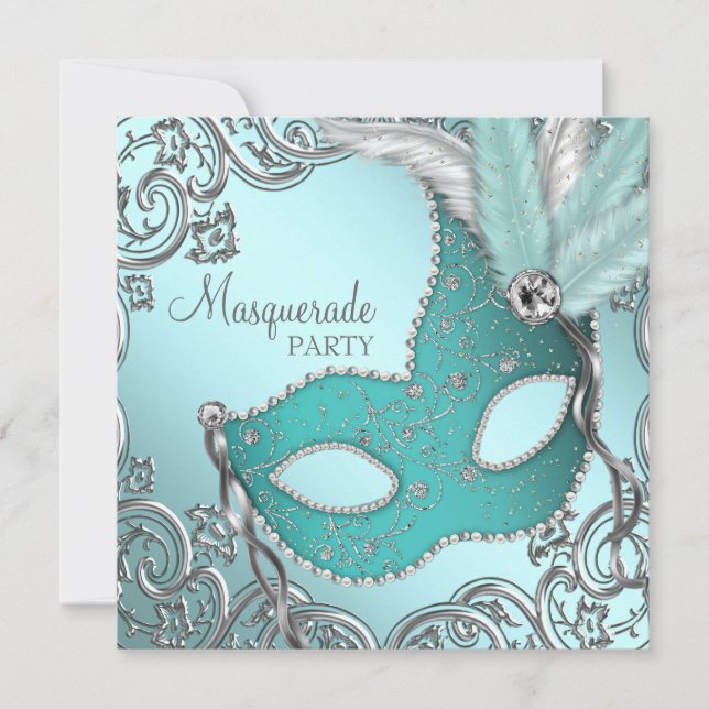 Invitation Masque argent bleu sarcelle Soirée masquée (Devant)