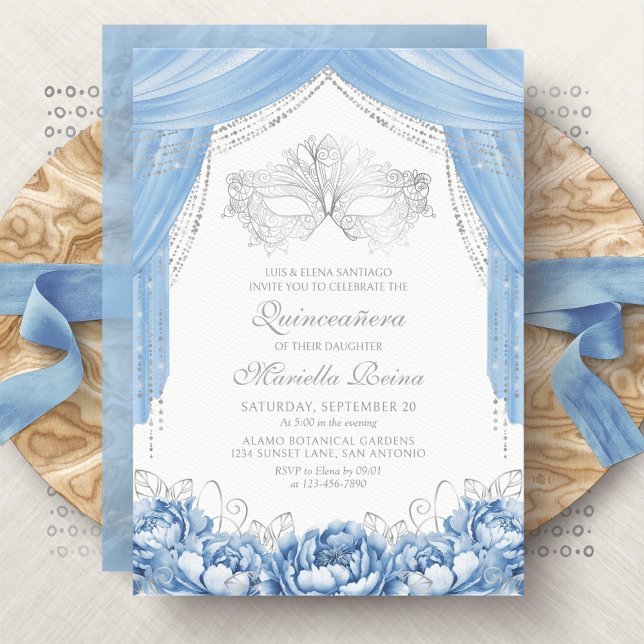 Invitation Masque Bal Masqué Bleu Clair Quinceanera (Créateur téléchargé)