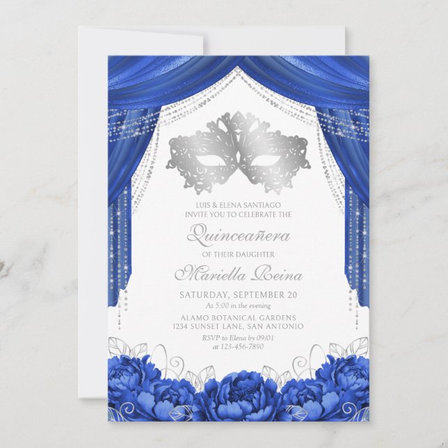 Invitation Masque Bal Masqué Royal Bleu Quinceanera (Devant)