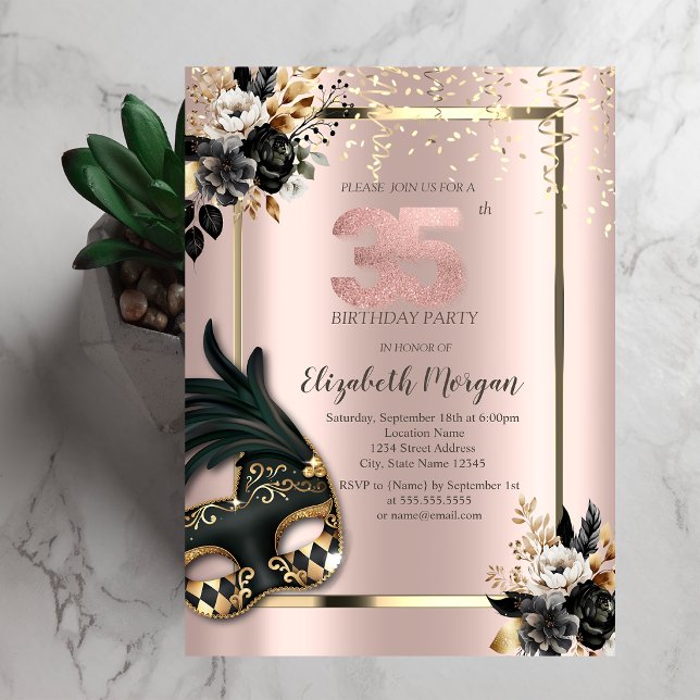 Invitation Masque Black Roses Confetti Rose Gold 35th (Créateur téléchargé)