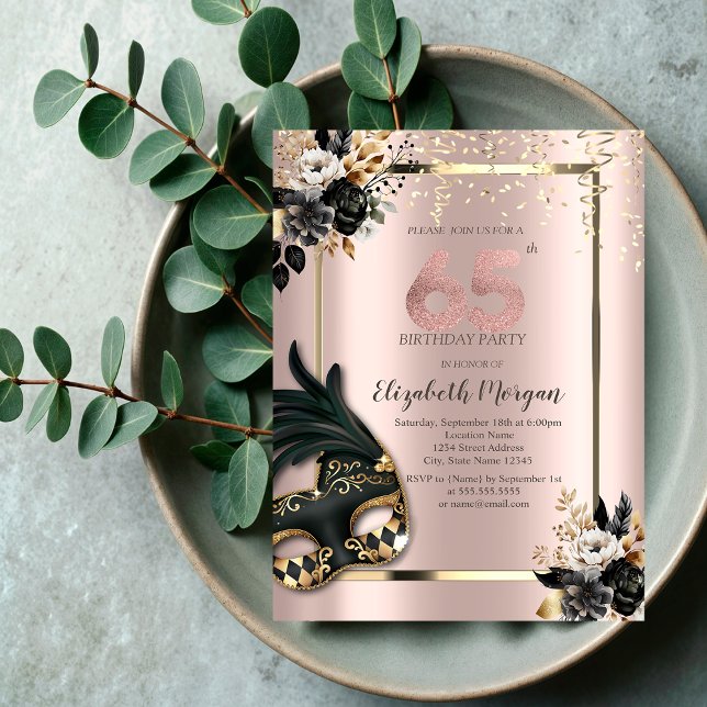 Invitation Masque Black Roses Confetti Rose Gold 65th (Créateur téléchargé)