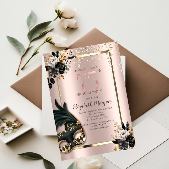 Invitation Masque Black Roses Confetti Rose Gold 75th (Créateur téléchargé)