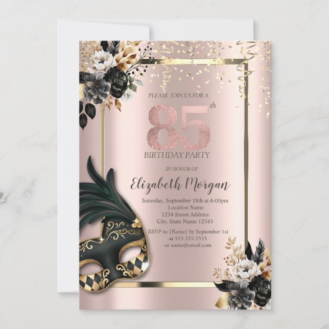 Invitation Masque Black Roses Confetti Rose Gold 85ème (Devant)