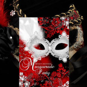 Invitation Masque blanc rouge étincelant Masquerade Sweet 16