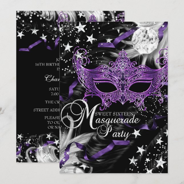 Invitation Masque bleu argent Star Night Masquerade Sweet 16 (Devant / Derrière)