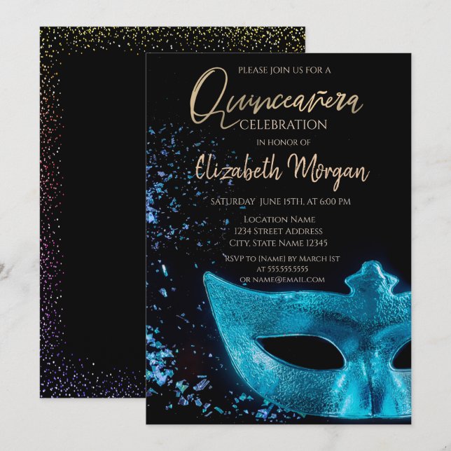 Invitation Masque Bleu, Confettis Quinceañera  (Devant / Derrière)