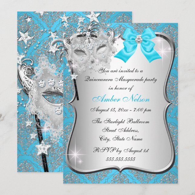 Invitation Masque bleu Damask Masque Quinceanera Masquerade I (Devant / Derrière)