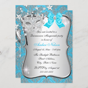Invitation Masque bleu Damask Masque Quinceanera Masquerade I