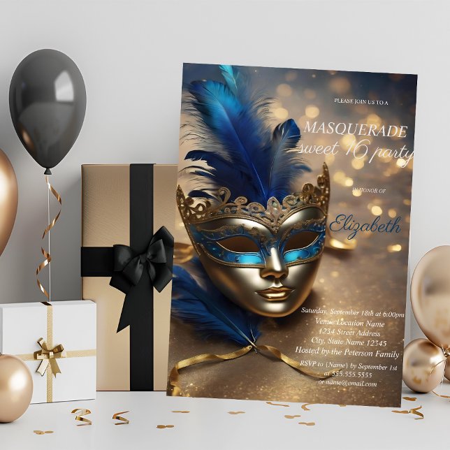 Invitation Masque bleu de masquerade chic Bokeh Sweet 16  (Créateur téléchargé)