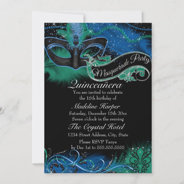 Invitation Masque Bleu et Vert Mask Masquerade Quinceanera (Devant)