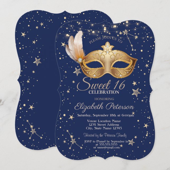 Invitation Masque Bleu Marine Étoiles Sweet 16 (Devant / Derrière)