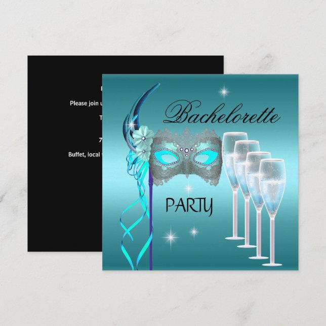 Invitation Masque bleu sarcelle pour enterrement de vie de je (Devant / Derrière)