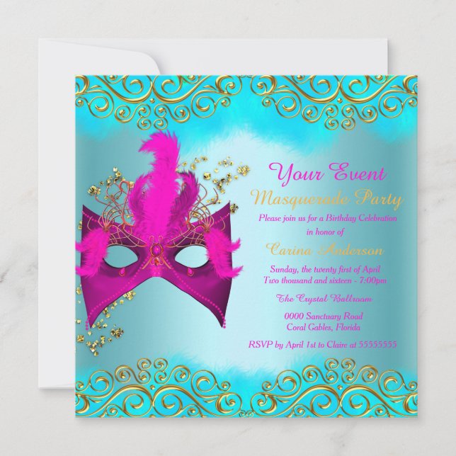 Invitation Masque Bleu Turquoise Rose Or Fête d'anniversaire  (Devant)