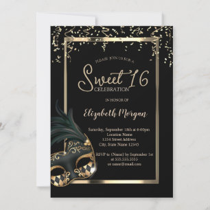 Invitation Masque,Cadre,Confettis Mascarade Sweet 16