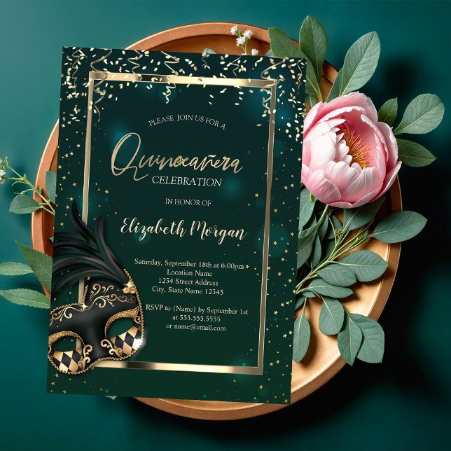 Invitation Masque,Cadre,Confettis Vert Quinceañera  (Créateur téléchargé)