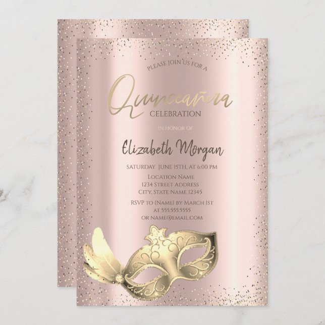 Invitation Masque Chic, Confetti Rose Gold Quinceañera (Devant / Derrière)