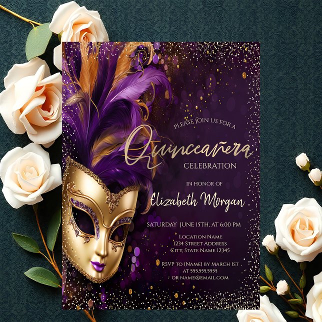 Invitation Masque Chic,Confettis Quinceañera Violet (Créateur téléchargé)