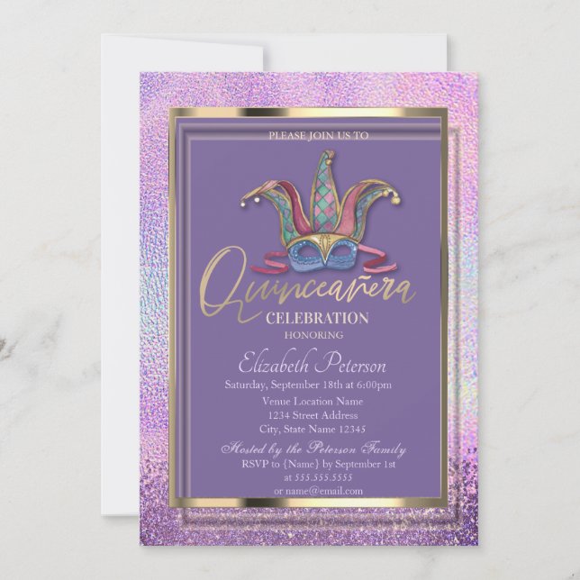 Invitation Masque Coloré Holographique Quinceañera (Devant)