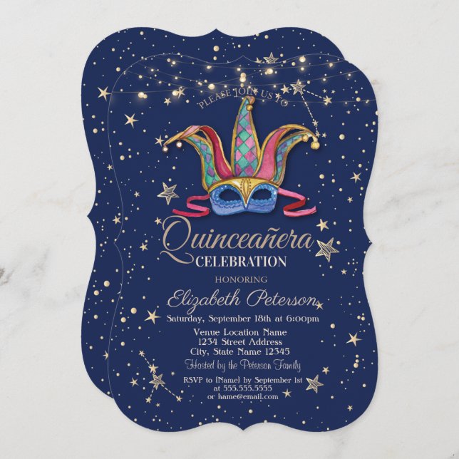 Invitation Masque coloré Marine Bleu Stars Quinceañera (Devant / Derrière)