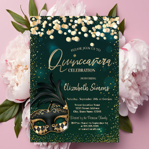 Invitation Masque Confetti d'or Vert Quinceañera