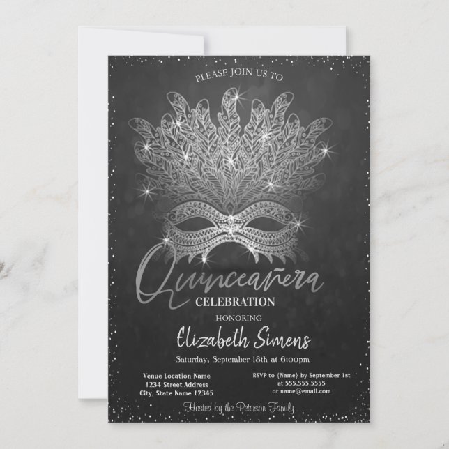 Invitation Masque Confetti en argent Dark Quinceañera (Devant)