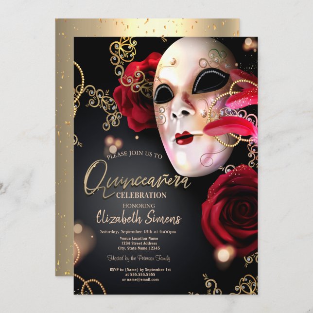 Invitation Masque Confetti Or Roses rouges Quinceañera (Devant / Derrière)