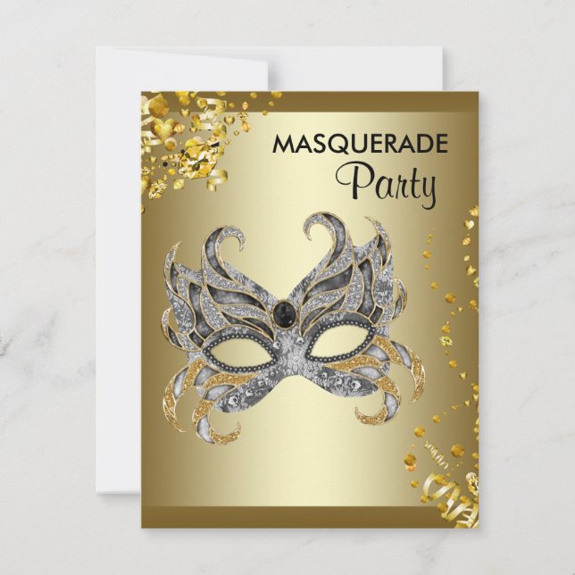 Invitation Masque confettis argent et or Mascarade Party (Devant)