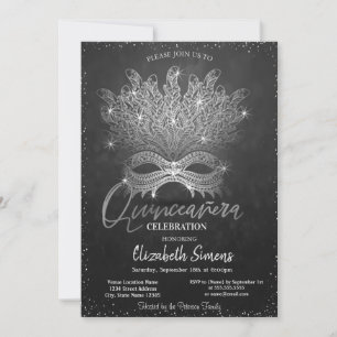 Invitation Masque Confettis Argent Quinceañera Sombre 