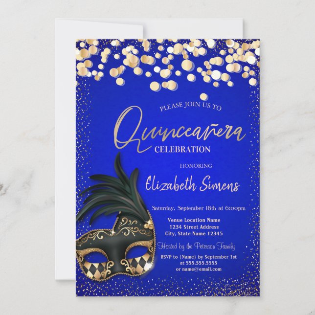 Invitation Masque Confettis Dorés Quinceañera Bleu Royal (Devant)