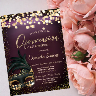 Invitation Masque Confettis Dorés Quinceañera Bourgogne