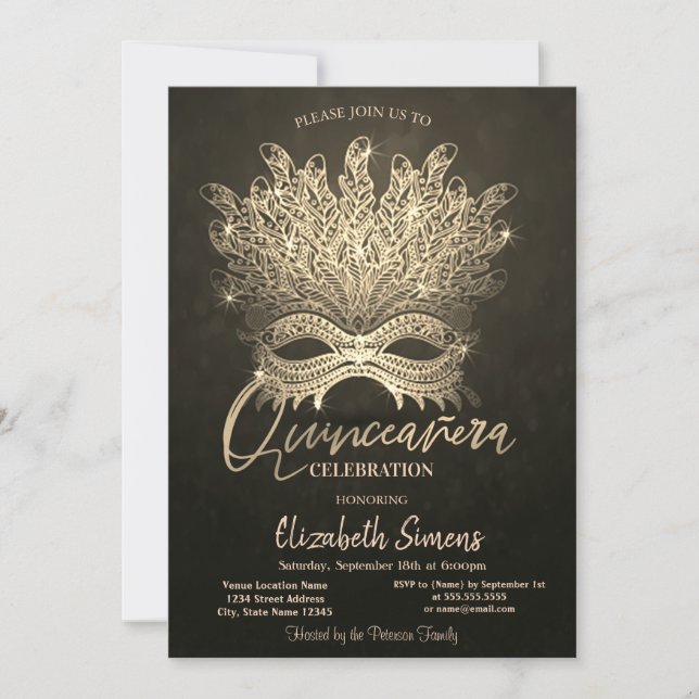 Invitation Masque Confettis Dorés Quinceañera Dorée   (Devant)