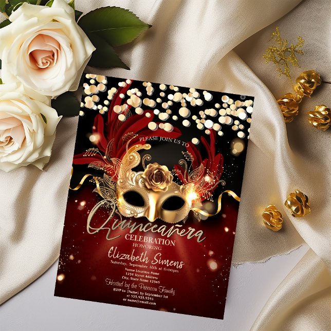 Invitation Masque Confettis Dorés Quinceañera Rouge  (Créateur téléchargé)