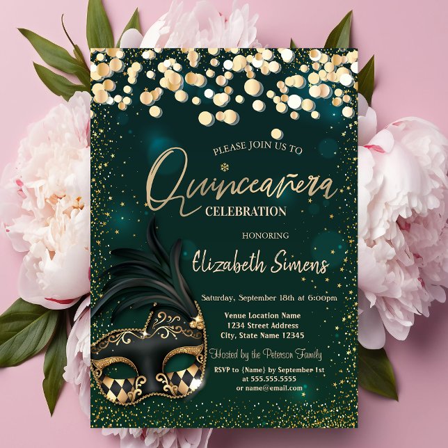 Invitation Masque Confettis Dorés Quinceañera Verte  (Créateur téléchargé)