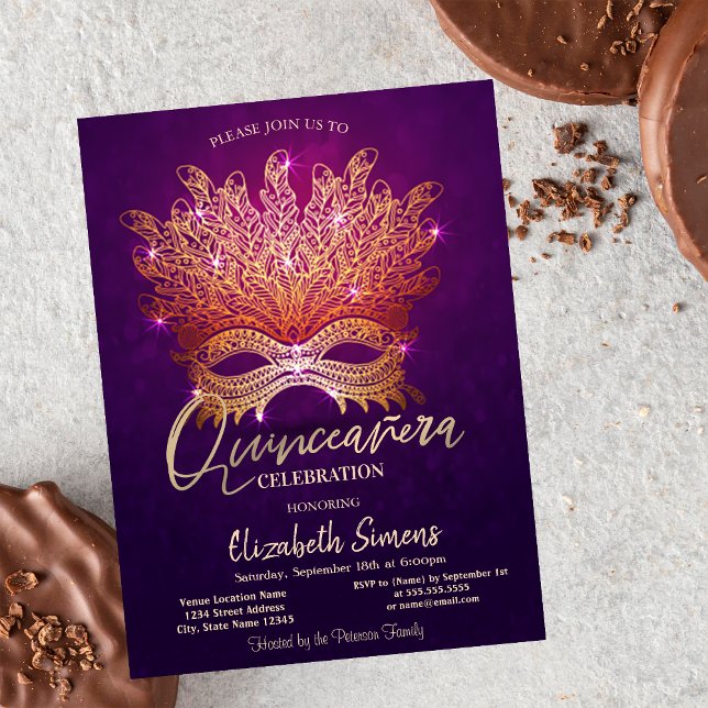 Invitation Masque Confettis Dorés Quinceañera Violette  (Créateur téléchargé)