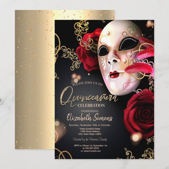 Invitation Masque Confettis Dorés Roses Rouges Quinceañera   (Devant / Derrière)