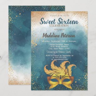 Invitation Masque,Confettis Éclaboussure Aquarelle Sweet 16