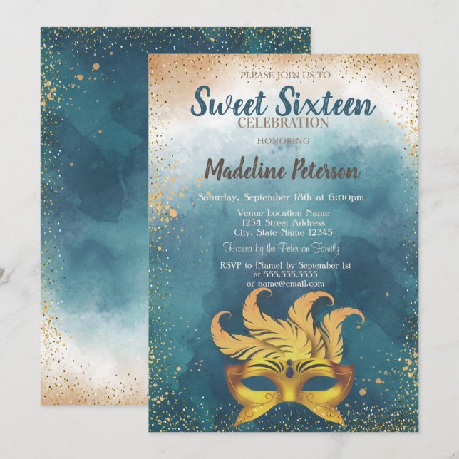 Invitation Masque,Confettis Éclaboussure Aquarelle Sweet 16 (Devant / Derrière)