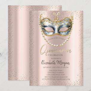 Invitation Masque, Confettis Perles Rose Gold Quinceañera