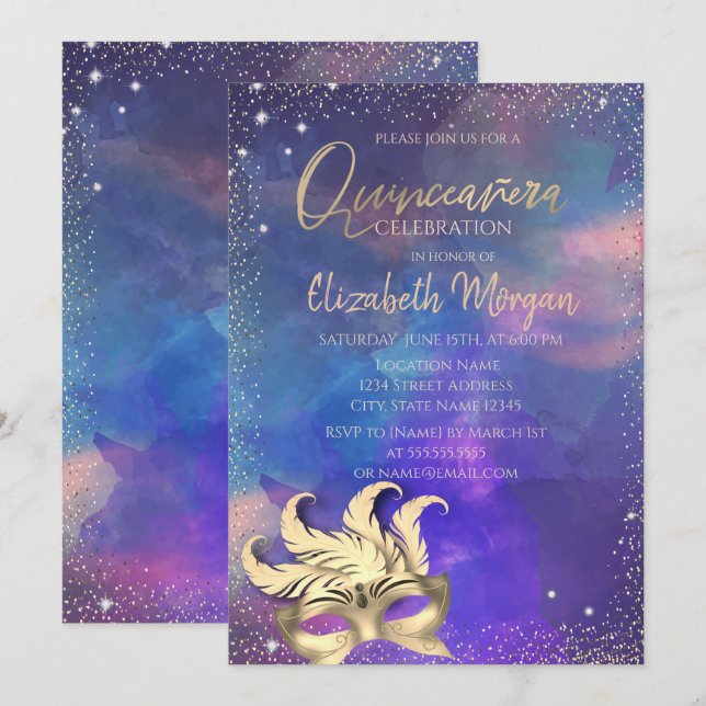 Invitation Masque, Confettis points éclaboussures Quinceañera (Devant / Derrière)