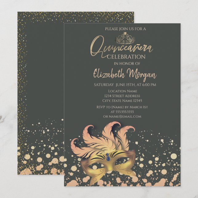 Invitation Masque, Confettis Points Mascarade Quinceañera (Devant / Derrière)